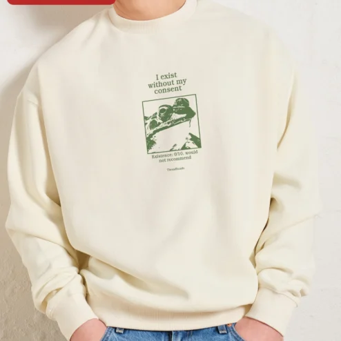 I Exist Without My Consent Sweatshirt This Is Fine Dog Meme Graphic Crewneck on a hanger, ready to ship from Chicago, Illinois