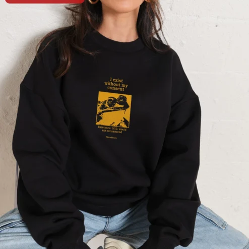 Customer in Chicago, Illinois wearing I Exist Without My Consent Sweatshirt This Is Fine Dog Meme Graphic Crewneck