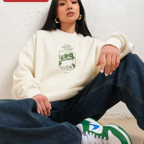 Close-up of I Exist Without My Consent Sweatshirt This Is Fine Dog Meme Graphic Crewneck for streetwear fans in Chicago, Illinois