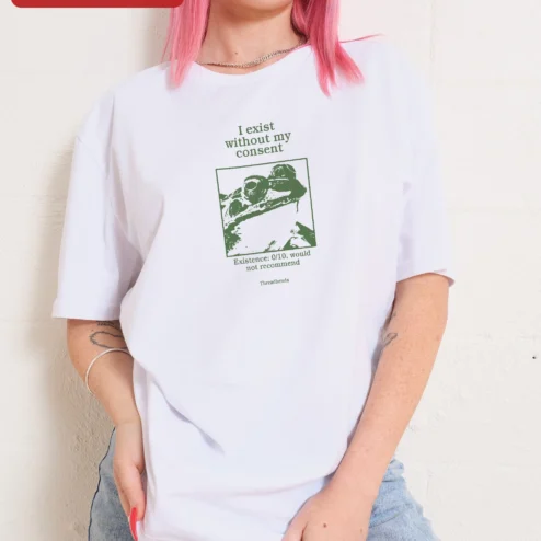 Customer in Chicago, Illinois wearing I Exist Without My Consent Tee Blood Meridian Judge Holden Quote Graphic Shirt