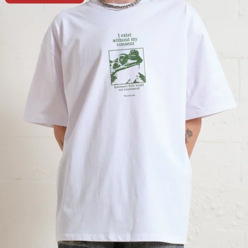 Close-up of I Exist Without My Consent Tee Existence 0/10 Would Not Recommend Dark Humor Graphic Shirt for streetwear fans in Chicago, Illinois