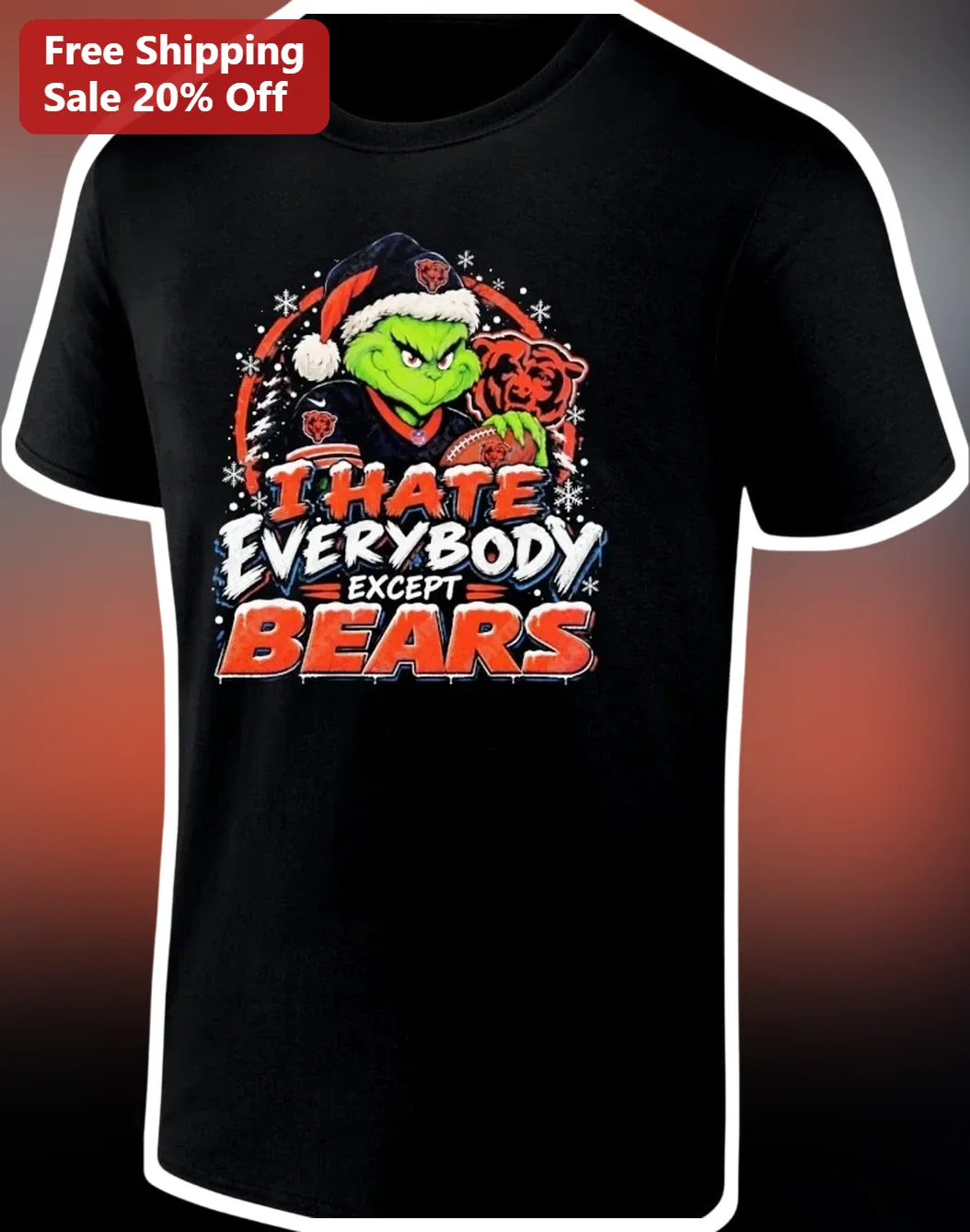 I Hate Everybody Except Bears The Grinch Chicago Bears NFL Christmas Graphic Tee
