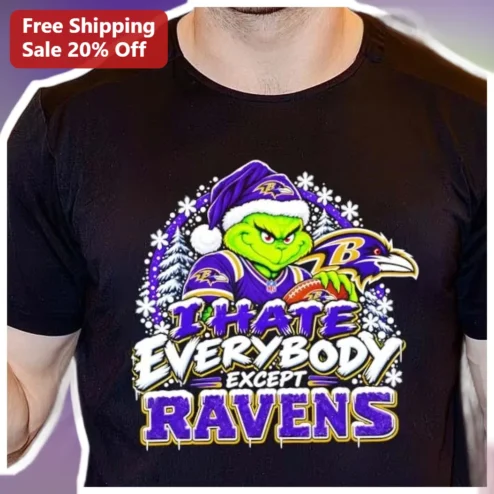 I HATE EVERYBODY EXCEPT RAVENS Tee The Grinch Christmas NFL Fan Gift
