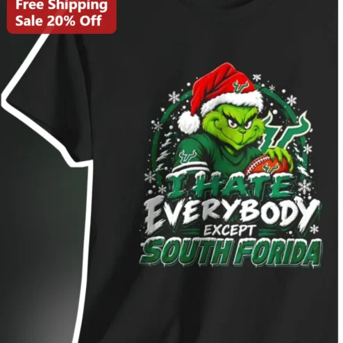 I HATE EVERYBODY EXCEPT SOUTH FLORIDA Grinch Miami Dolphins Christmas Tee