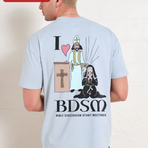 Close-up of I Heart BDSM Bible Discussion Study Meetings Tee Funny Religious Humor Graphic Shirt for streetwear fans in Chicago, Illinois
