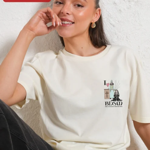 I Heart BDSM Bible Discussion Study Meetings Tee Funny Religious Humor Graphic Shirt on a hanger, ready to ship from Chicago, Illinois