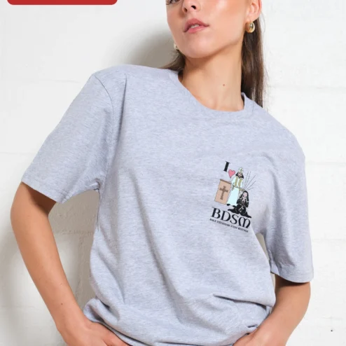 Close-up of I Heart BDSM Bible Discussion Study Meetings Tee Funny Religious Humor Graphic Shirt for streetwear fans in Chicago, Illinois