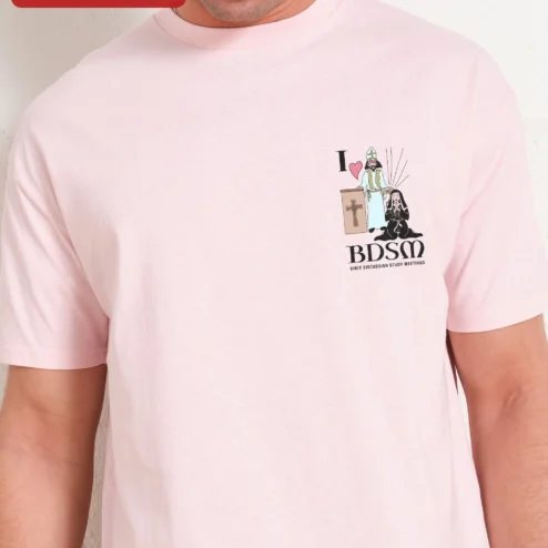 Close-up of I Heart BDSM Bible Discussion Study Meetings Tee Funny Religious Humor Graphic Shirt for streetwear fans in Chicago, Illinois