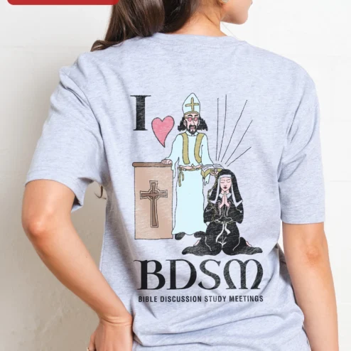 Close-up of I Heart BDSM Bible Discussion Study Meetings Tee Funny Religious Humor Graphic Shirt for streetwear fans in Chicago, Illinois