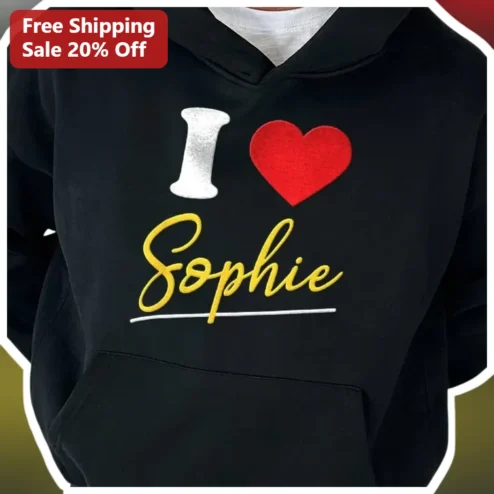 I Heart Custom Name Embroidered Hoodie Personalized Gift for Boyfriend Girlfriend