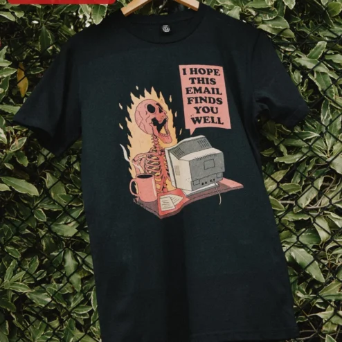 Close-up of I Hope This Email Finds You Well Screaming Skeleton Retro Computer Graphic Tee Funny Office Humor Gi for streetwear fans in Chicago, Illinois