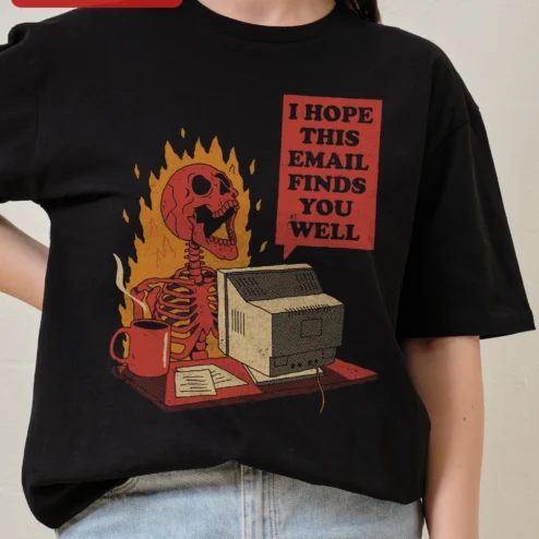 Customer in Chicago, Illinois wearing I Hope This Email Finds You Well Screaming Skeleton Retro Computer Graphic Tee Funny Office Humor Gi
