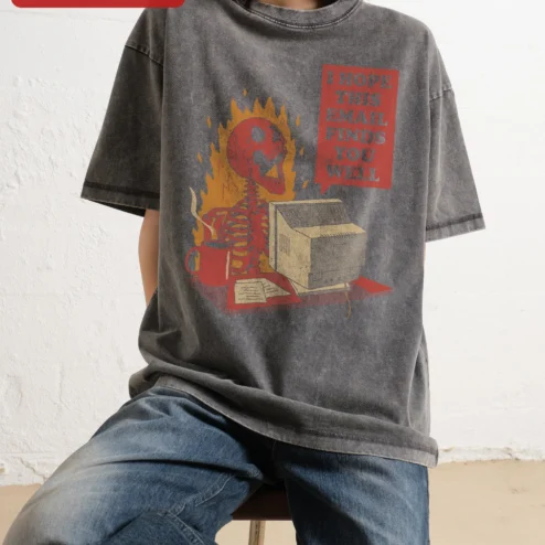 I Hope This Email Finds You Well Screaming Skeleton Retro Horror Acid Wash Tee on a hanger, ready to ship from Chicago, Illinois