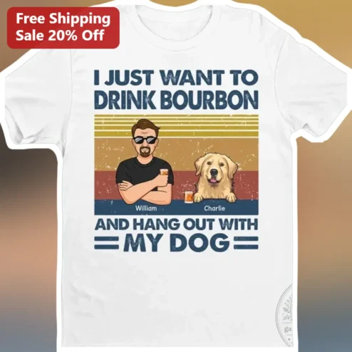 I Just Want To Drink Bourbon And Hang Out With My Dog Funny Retro Sunset Tee For Dog Lovers