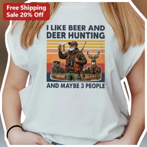 I Like Beer And Deer Hunting Tee Funny Hunter Gift Retro Sunset Graphic T-Shirt For Men