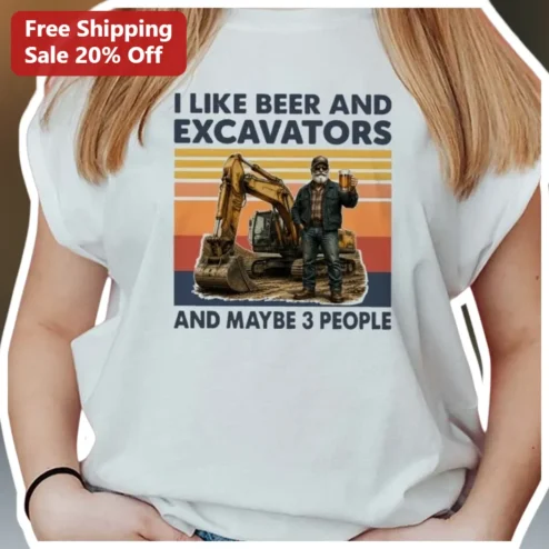 I Like Beer And Excavators And Maybe 3 People Tee Retro Sunset Construction Humor Shirt for Men