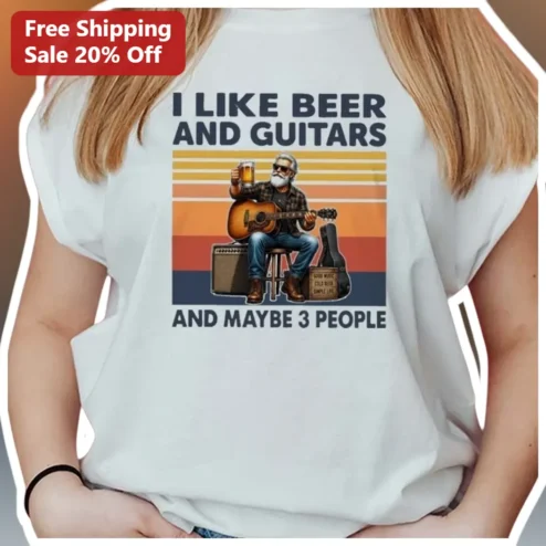 I Like Beer And Guitars And Maybe 3 People Funny Retro Vintage Graphic Tee For Men