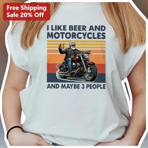 I Like Beer And Motorcycles And Maybe 3 People Tee Funny Biker Craft Beer Lover Gift Retro Sunset Graphic Shirt