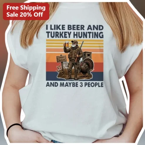 I Like Beer And Turkey Hunting Tee Retro Sunset Funny Hunter Gift
