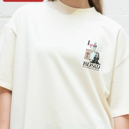 I Love BDSM Bible Discussion Study Meetings Tee Religious Humor Satire Graphic Shirt on a hanger, ready to ship from Chicago, Illinois