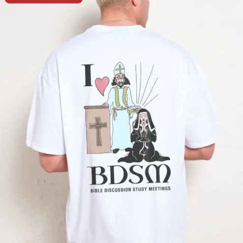 Close-up of I Love BDSM Bible Discussion Study Meetings Tee Religious Humor Satire Graphic Shirt for streetwear fans in Chicago, Illinois