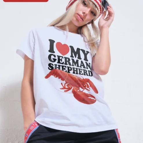 Customer in Chicago, Illinois wearing I Love My German Shepherd Funny Lobster Graphic Tee for Dog Lovers