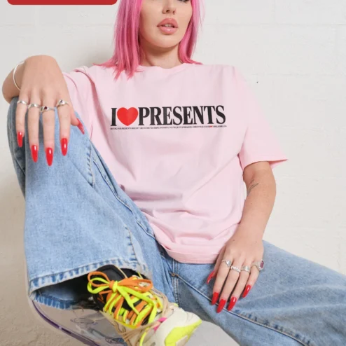 Close-up of I Love Presents Hoing For Gifts Funny Christmas Cheer Tee for Grandpa Who Has Everything for streetwear fans in Chicago, Illinois