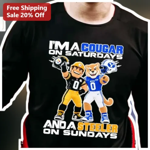 I'M A COUGAR ON SATURDAYS AND A STEELER ON SUNDAYS Long Sleeve Tee BYU Steelers Fan Gift