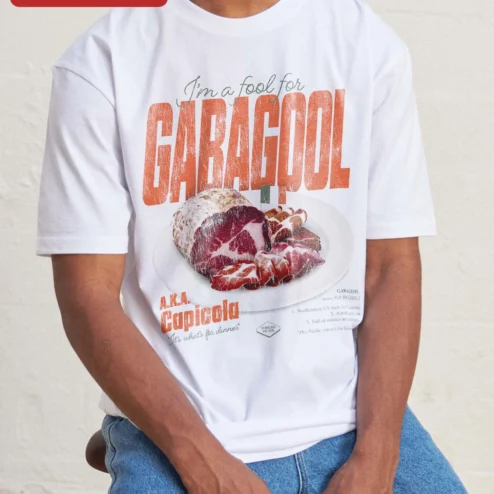 Close-up of I'm A Fool For Gabagool Capicola It's What's For Dinner Tee Italian American Humor Gift for streetwear fans in Chicago, Illinois