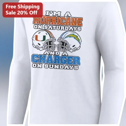 I'M A HURRICANE ON SATURDAYS AND A CHARGER ON SUNDAYS Long-Sleeve Tee Miami Hurricanes Los Angeles Chargers Football Fan Gift
