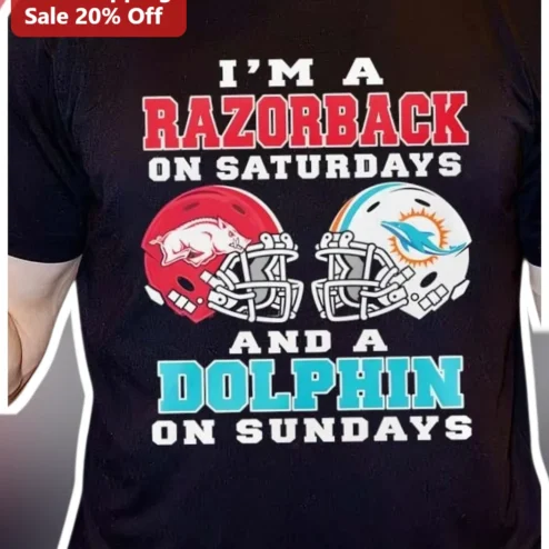 I'M A RAZORBACK ON SATURDAYS AND A DOLPHIN ON SUNDAYS Tee Arkansas Razorbacks Miami Dolphins Football Fan Gift