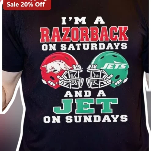 I'M A RAZORBACK ON SATURDAYS AND A JET ON SUNDAYS Tee Arkansas Razorbacks NY Jets Dual Team Fan Shirt