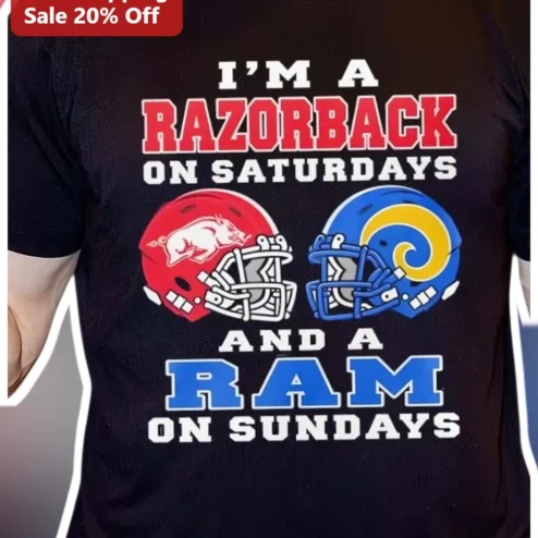 I'M A RAZORBACK ON SATURDAYS AND A RAM ON SUNDAYS Tee Arkansas Razorbacks LA Rams Dual Fan Game Day Shirt