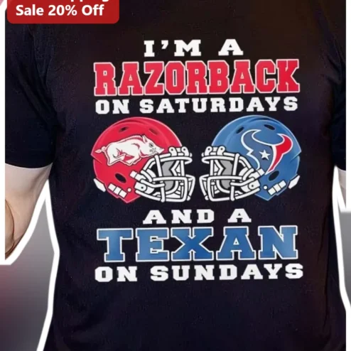 I'M A RAZORBACK ON SATURDAYS AND A TEXAN ON SUNDAYS Tee Arkansas Razorbacks Houston Texans Dual Team Fan Game Day Shirt