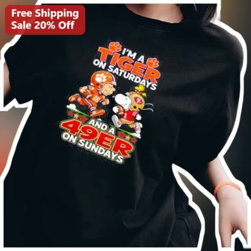 I'M A TIGER ON SATURDAYS AND A 49ER ON SUNDAYS Snoopy Peanuts Football Tee available at our Chicago, Illinois warehouse