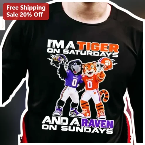 I'M A TIGER ON SATURDAYS AND A RAVEN ON SUNDAYS Long Sleeve Shirt Clemson Tigers Baltimore Ravens Dual Team Fan Gear