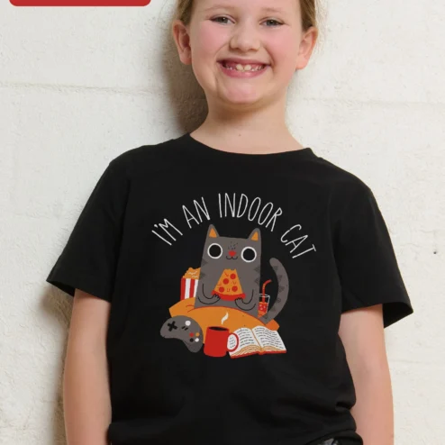 I'M AN INDOOR CAT Funny Quote Tee for Cat Lovers Introverts Kids on a hanger, ready to ship from Chicago, Illinois