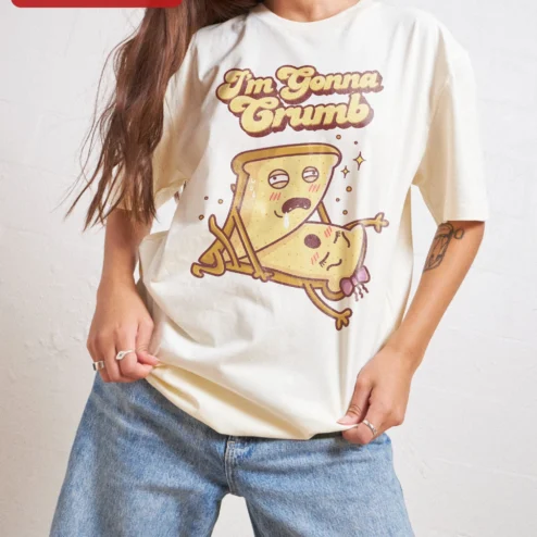 Close-up of I'm Gonna Crumb Funny Pun Humor Graphic Tee Cute Cartoon Toast Shirt Gift for streetwear fans in Chicago, Illinois