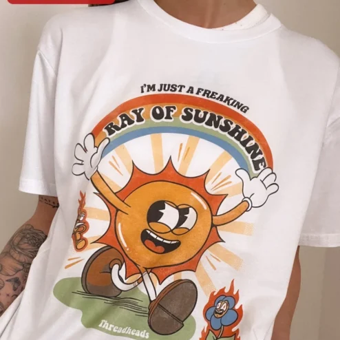 I'M JUST A FREAKING RAY OF SUNSHINE Vintage Cartoon Sun Graphic Tee Funny Sarcastic Quote Shirt Gift on a hanger, ready to ship from Chicago, Illinois