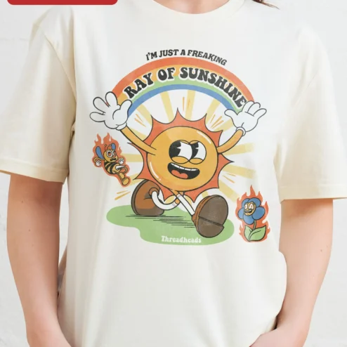 Customer in Chicago, Illinois wearing I'M JUST A FREAKING RAY OF SUNSHINE Vintage Cartoon Sun Graphic Tee Funny Sarcastic Quote Shirt Gift