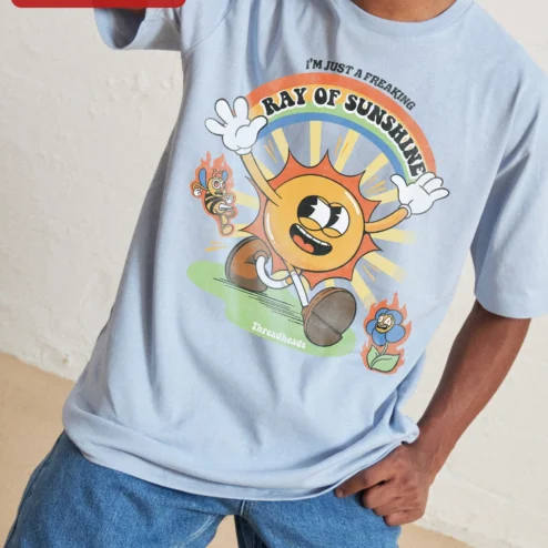 Close-up of I'M JUST A FREAKING RAY OF SUNSHINE Vintage Cartoon Sun Graphic Tee Funny Sarcastic Quote Shirt Gift for streetwear fans in Chicago, Illinois