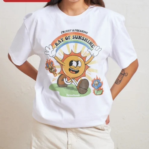 Close-up of I'M JUST A FREAKING RAY OF SUNSHINE Vintage Cartoon Sun Graphic Tee Funny Sarcastic Quote Shirt Gift for streetwear fans in Chicago, Illinois