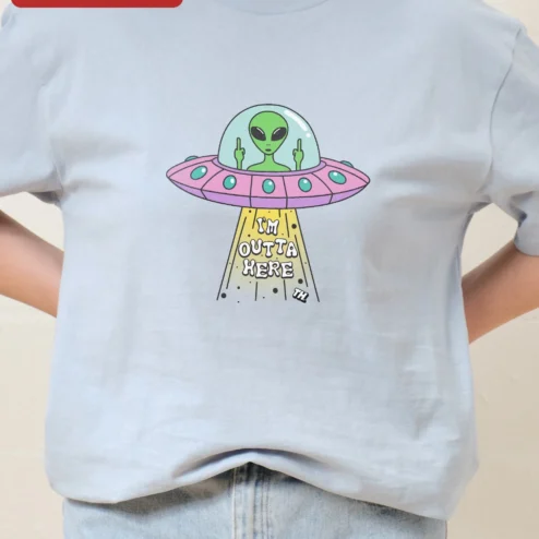Close-up of I'm Outta Here Alien UFO Graphic Tee Funny Sci-Fi Humor Shirt Gift for Introverts for streetwear fans in Chicago, Illinois