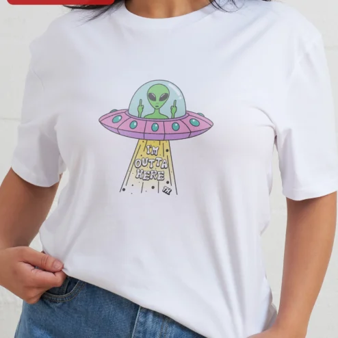 Customer in Chicago, Illinois wearing I'm Outta Here Alien UFO Graphic Tee Funny Sci-Fi Humor Shirt Gift for Introverts
