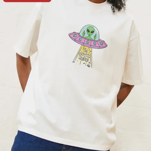 I'm Outta Here Funny Alien UFO Graphic Tee Unisex Cotton Shirt Gift on a hanger, ready to ship from Chicago, Illinois