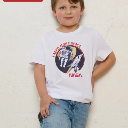 I Need More Space NASA Tee Kids Astronaut Graphic Shirt Vintage Space Shuttle Design on a hanger, ready to ship from Chicago, Illinois