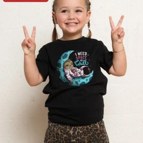 I Need Space To Chill Kids Tee Funny Sloth Astronaut Graphic T-Shirt For Introverts on a hanger, ready to ship from Chicago, Illinois