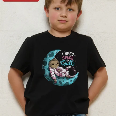 I Need Space To Chill Kids Tee Funny Sloth Astronaut Graphic T-Shirt For Introverts