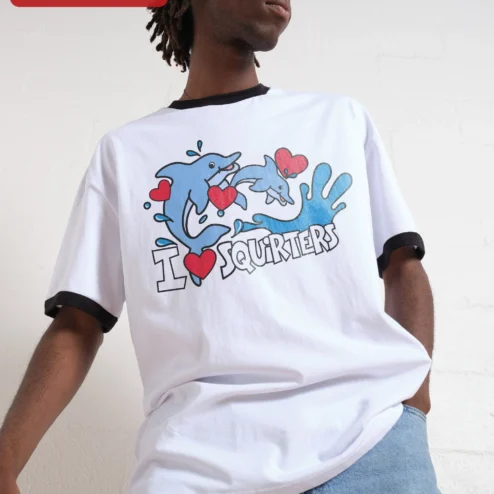 I SQUIRTERS Funny Dolphin Graphic Tee Novelty Ocean Humor Shirt Gift on a hanger, ready to ship from Chicago, Illinois