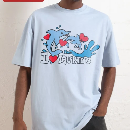 Close-up of I SQUIRTERS Funny Dolphin Graphic Tee Novelty Ocean Humor Shirt Gift for streetwear fans in Chicago, Illinois